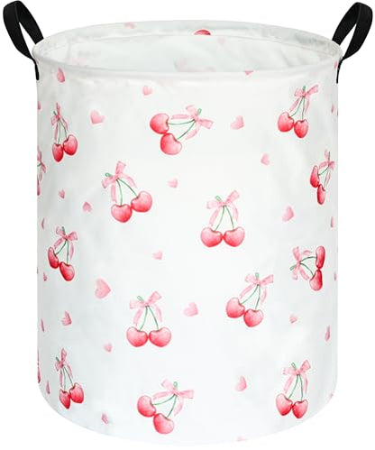 Cherry Print Round Laundry Hamper Storage Basket Bins Clothes Nursery Hamper for Home, Gift Storage Bins with Handles - color: Cherry