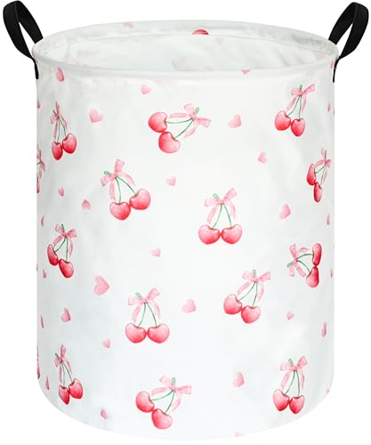 Cherry Print Round Laundry Hamper Storage Basket Bins Clothes Nursery Hamper for Home, Gift Storage Bins with Handles - color: Cherry