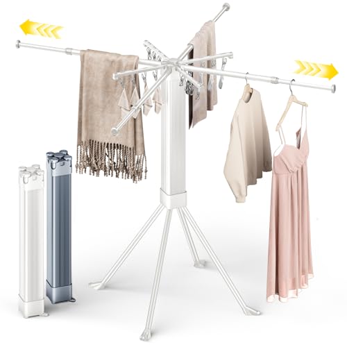 BIREN Clothes Drying Rack Foldable Extending Laundry Rack with 16 Clips Collapsible Clothing Rack Space-Saving Clothing Racks for Hanging Clothes, Indoor, Camping, Balcony, Outdoor - color: White