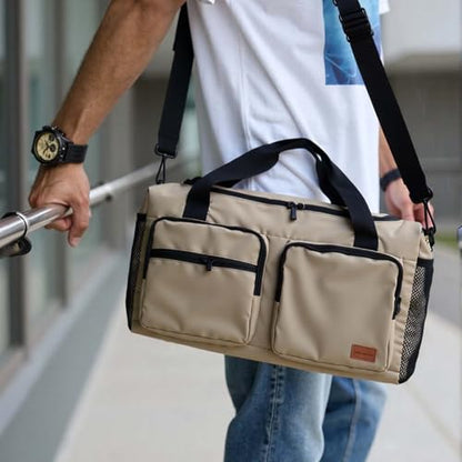 Travel Duffel Gym Bag Large Capacity Adjustable Strap Khaki Travel Unisex - color: Khaki
