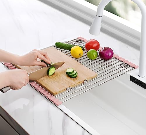 Tomorotec Roll Up Dish Drying Rack Over Sink, 304 Steel, 17.7x15.5, Pink - color: Pink, size: 17.7 x 15.5 in