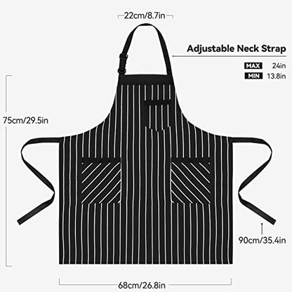 NLUS 2 Pack Cooking Aprons for Women with Pockets Adjustable Kitchen Bib Aprons for Women Men Chef, Black/White Stripe (Black/White Stripes) - color: Dark Black/White-2