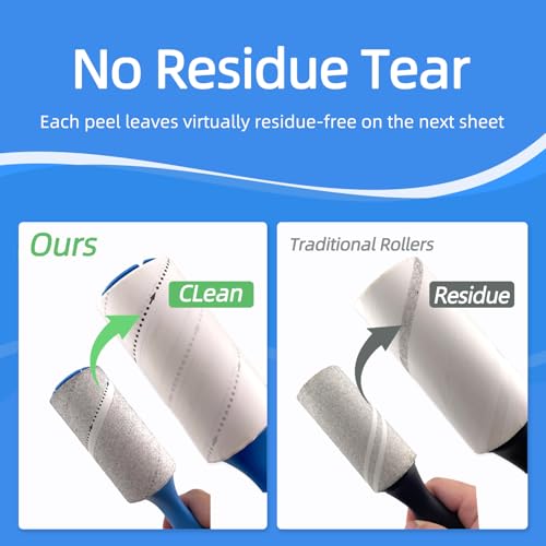 Extra Sticky Pet Hair Remover Lint Roller, 4 Refills (360 Sheets) + 2 Handles, Easy Tear No Residue for Clothes, Couch, Furniture and Car Seats