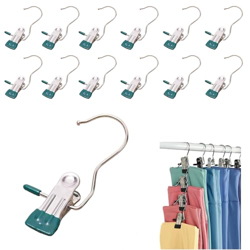 12PCS Clothes Pins, Hanging Clips, Hanger Clips, Hanger Hooks, Stainless Steel Portable Travel Hanging Hooks for Jeans, Hats, Boots, Towels (Green) - color: Green