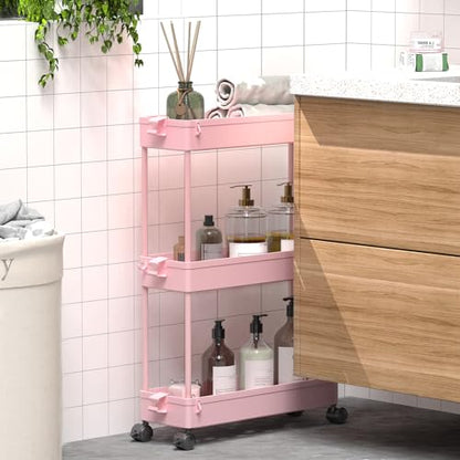 SPACEKEEPER Slim Rolling Storage Cart, 3 Tier Bathroom Cart Organizer, Pink - color: Pink