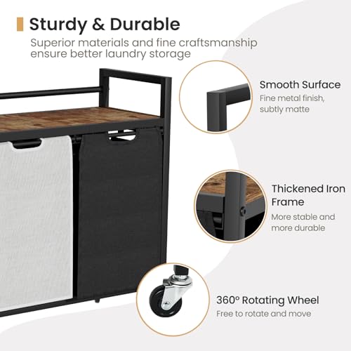 SwaaVee Laundry Sorter, Laundry Hamper with Wooden Top Shelf, 2×14.5Gal(110L), Metal Frame laundry basket with wheels, Pull out and Removable Laundry Bags, 2 Bags-Black Grey - color: Black-Grey