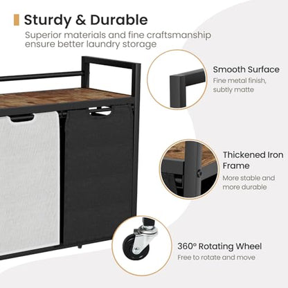 SwaaVee Laundry Sorter, Laundry Hamper with Wooden Top Shelf, 2×14.5Gal(110L), Metal Frame laundry basket with wheels, Pull out and Removable Laundry Bags, 2 Bags-Black Grey - color: Black-Grey