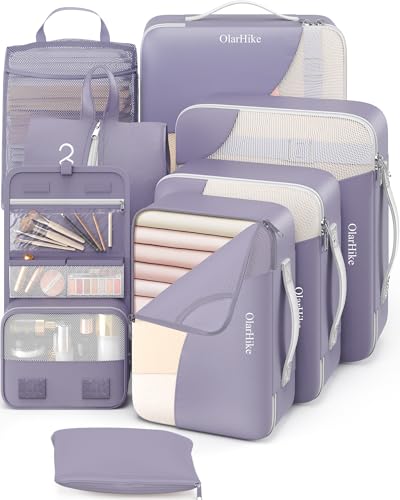 OlarHike Packing Cubes for Travel,Gifts for Women Mom,Anti-Tearing Suitcase Organizer for Luggage with Shoe & Hanging Toiletry Bag,Vacation Essentials & Accessories for Cruise Ship,8 Set,Purple Gray - color: 09 Purple Gray