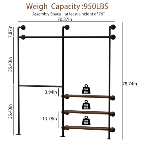 HOMEKAYT Industrial Pipe Clothes Rack,Wall Mounted Clothing Rack with Shelves, Heavy Duty Multi-Purpose Storage Clothes Hanging Shelf - 70.8''L Black - color: black, size: 70.8''L-B
