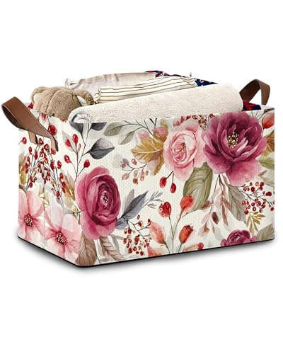 Vintage Pink Flower Storage Baskets,Foldable Large Capacity Organizer Bins with Waterproof Lining and Leather Handles for Closet,Shelf,Bedroom 17x11.5x10Inch - color: Vintage Pink Flower