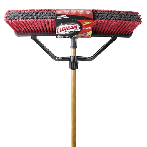 Libman Commercial 1292G Multi-Surface Industrial Push Broom with Brace, 65" Length, 24" Width, Black/Red/Wood (Pack of 4) (1292G)