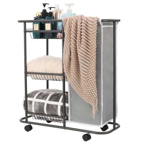 Between Washer & Dryer Laundry Cart, Narrow 3-Tier Rolling Hamper, 45L Bag - color: Grey