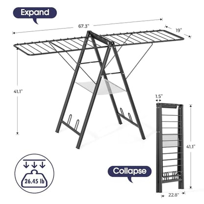 APEXCHASER Clothes Drying Rack, 67.7" L Height Adjustable, Foldable, Black - color: Black