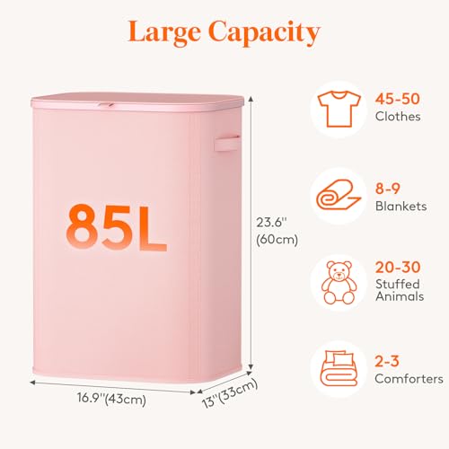 Lifewit 85L Large Laundry Hamper with Lid, Removable Inner Bag, Pink - color: Pink, size: 85L