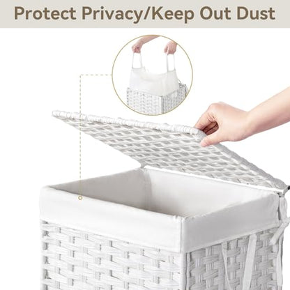 Chrislley Wicker Laundry Basket with Wheels,Rolling Laundry Hamper with Lid - color: White