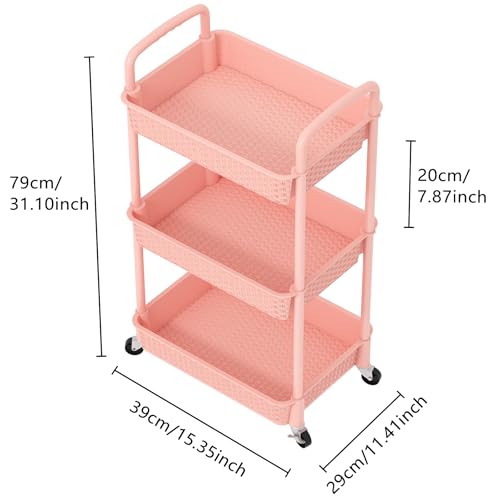 MOYIPIN 3-Tier Plastic Rolling Utility Cart with Handle,Utility,Pink - color: Pink, size: 3-Tiers without cups