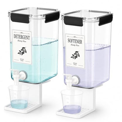 Soaoo 2 Pcs Laundry Detergent Dispenser 87 oz Liquid Soap Dispenser with Faucet for Laundry Room 2 Liquid Detergent Holder with Labels and 2 Measuring Cup Fabric Softener Container - size: 87 oz
