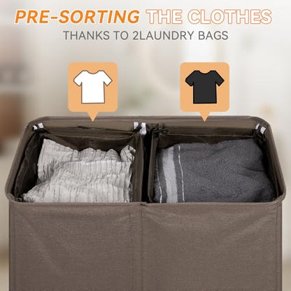 Chrislley Double Laundry Hamper with Lid, 140L Laundry Basket 2 Section - color: Brown, size: 140l(24.0"l X 14.2"w X 25.2"h)