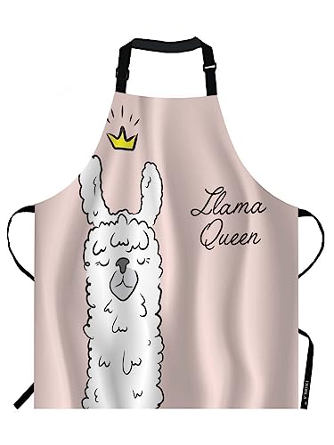 EKOBLA Llama Queen Aprons Alpaca Wearing Crown Funny Cute Animal Cartoon Waterproof Resistant Chef Cooking Kitchen BBQ Adjustable Aprons for Women Men 27x31 Inch - color: Multi-a105