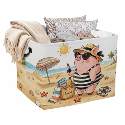 Summer Pig Laundry Hamper, 56L Large Foldable Laundry Basket with Handles, for Family Clothes, Toy Storage Bin, Blankets,Decorative Organizer for Shelves & Closet Home Decor Bedroom & Nursery - color: Summer Pig