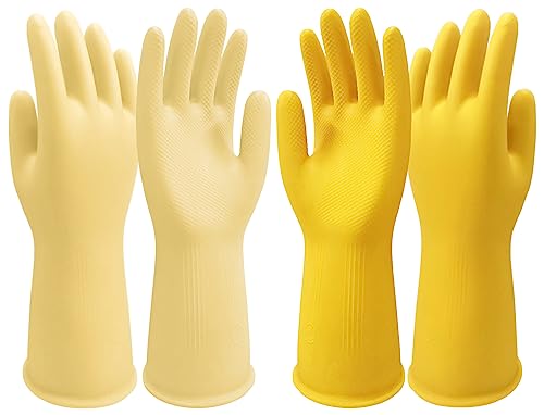 Disfore Rubber-Gloves Dishwashing Gloves for Cleaning-Kitchen - 2 Pairs Long Household Cleaning Gloves for Washing Dishes - color: Yellow Beige, size: Medium (Pack of 2)