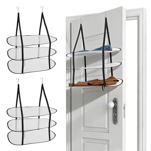 MAQUITA 2 Pcs 3 Tier Sweater Drying Rack Flat Over The Door Folding Drying Rack Large Lay Laundry Hanging Dryer Mesh Clothes Dry Hanger for Apartments Dorms Bathrooms (Black, 27 x 18.1 x 31.5 Inch)