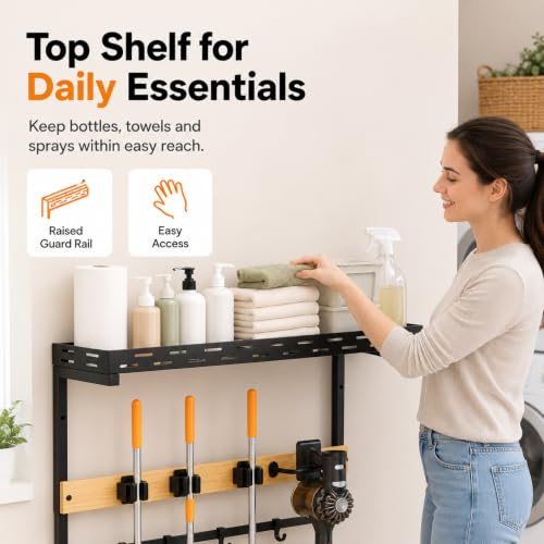 Small Broom Holder Wall Mount with Shelf, 3 Grippers and 3 Hooks - size: Small