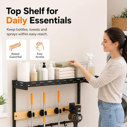 Small Broom Holder Wall Mount with Shelf, 3 Grippers and 3 Hooks - size: Small