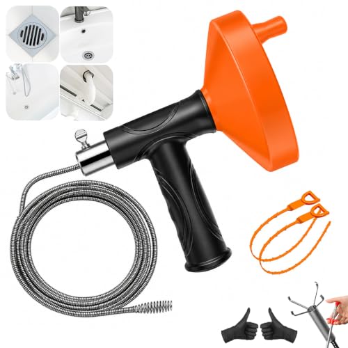 33 Feet Drain Snake Auger, Plumbing Snake Drain Hair Clog Removal Tool, Sink Unclogger Drain, Heavy Duty Drum Auger, Cleaner Tool for Bathroom Kitchen Tub Shower Drain Clog Remover with Gloves，Orange