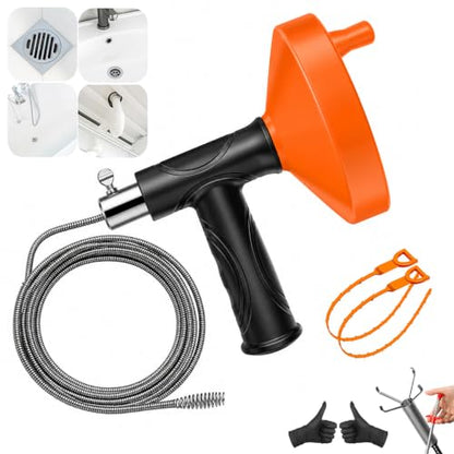 33 Feet Drain Snake Auger, Plumbing Snake Drain Hair Clog Removal Tool, Sink Unclogger Drain, Heavy Duty Drum Auger, Cleaner Tool for Bathroom Kitchen Tub Shower Drain Clog Remover with Gloves，Orange
