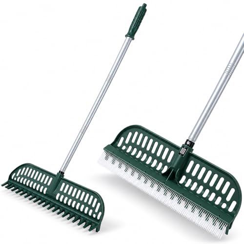 STEPHANIE Artificial Turf Rake , Artificial Grass, Carpet Rake for Pet Hair, 43" to 63" Adjustable Lawn Rake with Stainless Steel Handle, Dual-Sided Turf Brush for Leaves, Debris & Rugs Indoor Outdoor