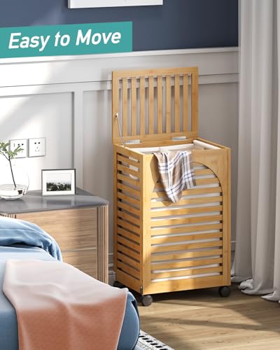 Laundry Hamper with Wheels, Laundry Basket with Lid, 22.5Gallon (85L) Bamboo Wood Clothes Laundry Hamper 2 Section with Handles, Removable Liner - color: Natural, size: Medium