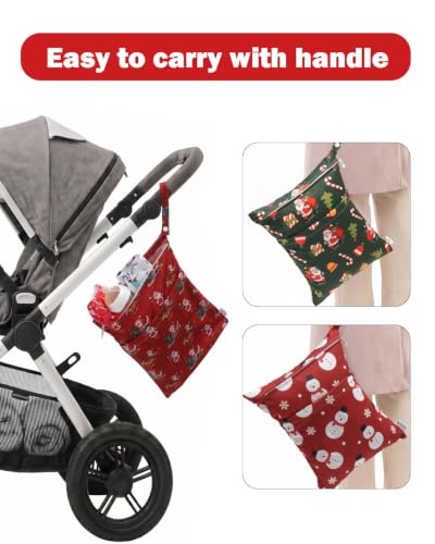 ALVA 3 Pack Wet Dry Bags for Cloth Diapers, Swimsuits & Gym Clothes, Waterproof Reusable Baby Diaper Bag with 2-Zippered Compartments, Hanging Strap, Machine Washable, Medium for Dayca - color: Christmas Coloe 52
