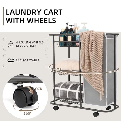Between Washer & Dryer Laundry Cart, Narrow 3-Tier Rolling Hamper, 45L Bag - color: Grey