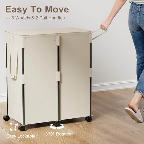 160L Double Laundry Hamper with Lid and 6 Wheels, Rolling Laundry Basket - color: White, size: 160L(24.8"L x 14.2"W x 29.92"H)