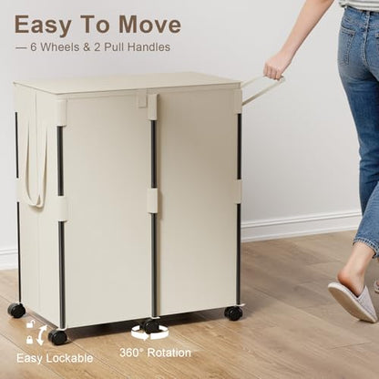160L Double Laundry Hamper with Lid and 6 Wheels, Rolling Laundry Basket - color: White, size: 160L(24.8"L x 14.2"W x 29.92"H)