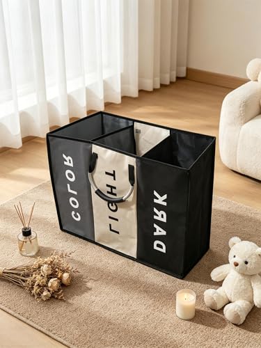 1 Pack Heavy Duty Laundry Hamper, 3 Section Sorter Organizer, Large Bin with 3 Side Pockets, Waterproof Dirty Clothes Storage