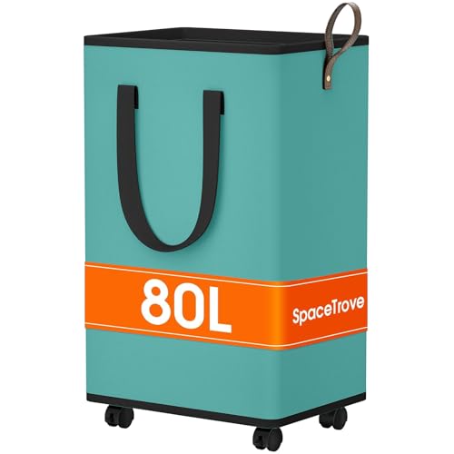 SpaceTrove Rolling Laundry Basket with Wheels, Laundry Hamper, 80L, Green - color: Green, size: 80L