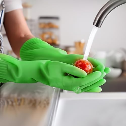 Rubber Gloves for Cleaning with Long Cuffs Waterproof Dishwashing Household Gloves with Grip for Kitchen Bathroom - color: Green, size: Small