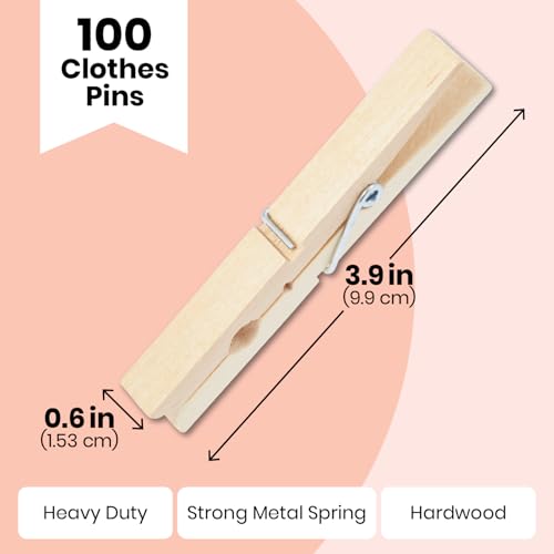 Juvale Wooden Clothespins & Hanging Clips - 100 Pack, 3.9x0.6x0.6in, Natural Wood, Modern - Heavy Duty Laundry Clips for Outdoor Clothesline - Clothespins for Crafts & Photo Displays - color: Natural