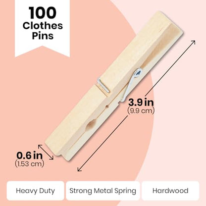 Juvale Wooden Clothespins & Hanging Clips - 100 Pack, 3.9x0.6x0.6in, Natural Wood, Modern - Heavy Duty Laundry Clips for Outdoor Clothesline - Clothespins for Crafts & Photo Displays - color: Natural