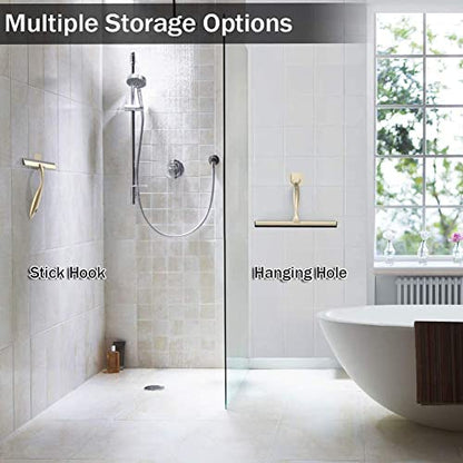 OPERNEE Shower Squeegee with Self Adhesive Hook, 12 Inches Stainless Steel Squeegee Cleaner, All-Purpose Window Scraper for Bathroom Doors, Mirror, Windows and Car Glass, Brushed Gold