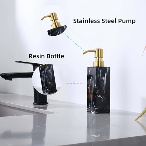 Marble Look Soap Dispenser, Black Countertop Lotion Resin Bottles with Rust Proof Gold Pump, Refillable Liquid Hand Soap Jar, Resin Shower Dispensers for Bathroom, Kitchen - color: Ink Black+brushed Gold