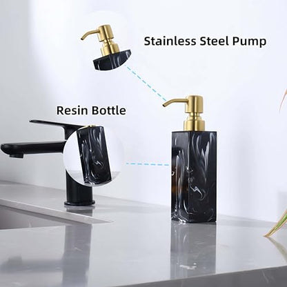 Marble Look Soap Dispenser, Black Countertop Lotion Resin Bottles with Rust Proof Gold Pump, Refillable Liquid Hand Soap Jar, Resin Shower Dispensers for Bathroom, Kitchen - color: Ink Black+brushed Gold