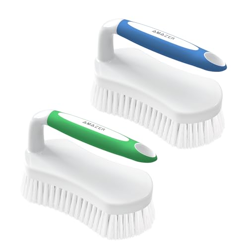 Amazer Scrub Brush for Cleaning Comfort Grip Shower Scrubber Flexible Stiff Bristles with Handle Heavy Duty Cleaner Brush for Tub Sink Carpet Floor - Pack of 2 (Blue+Green) - color: Blue+green, size: 2-Pack