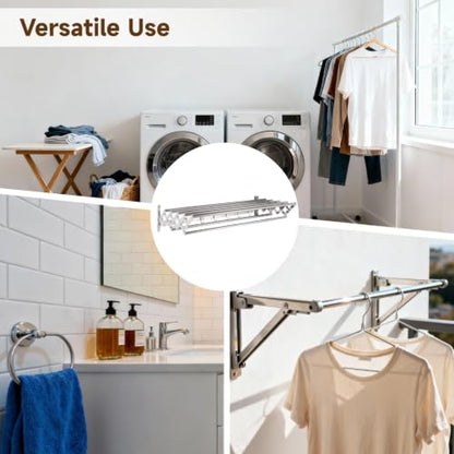 Clothes Drying Rack Wall Mounted with Hooks, 31.5 x 5.7 in Stainless Steel Accordion Collapsible Clothes Drying Rack with 4.7-13.8 in Extension, 7 Rods for Laundry Room Bathroom Balcony