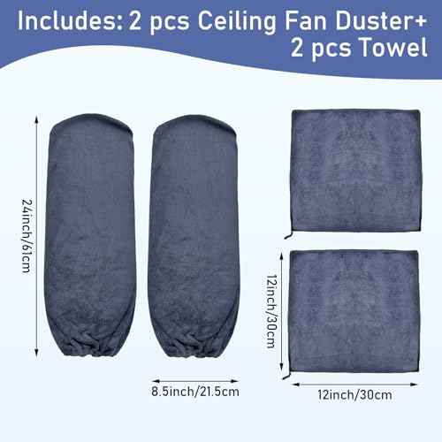 4 PCS Ceiling Fan Duster Kits,100% Microfibre Fan Blade Cleaner for high Ceiling Fan Blades.Machine Washable and Reusable,Includes 2 Ceiling Fan dusters and 2 Microfibre Towels（Grey） (Grey) - color: Gray