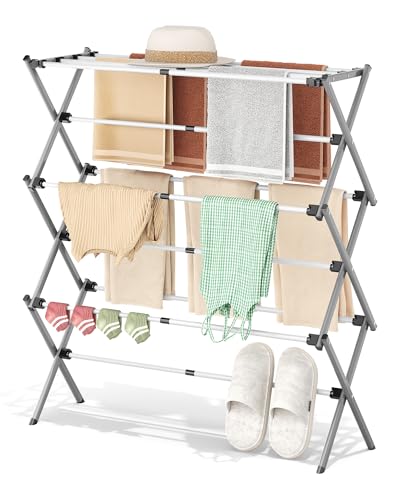 APEXCHASER 3-Tier Foldable Clothes Drying Rack, 37.6" H, Grey/White - color: Grey/White, size: 3-Tier