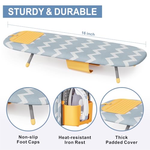 Small Ironing Board, Foldable Tabletop Ironing Board with Iron Holder and Silicone Iron Rest Pad for Small Spaces - color: Blue White Wave