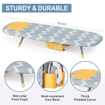 Small Ironing Board, Foldable Tabletop Ironing Board with Iron Holder and Silicone Iron Rest Pad for Small Spaces - color: Blue White Wave